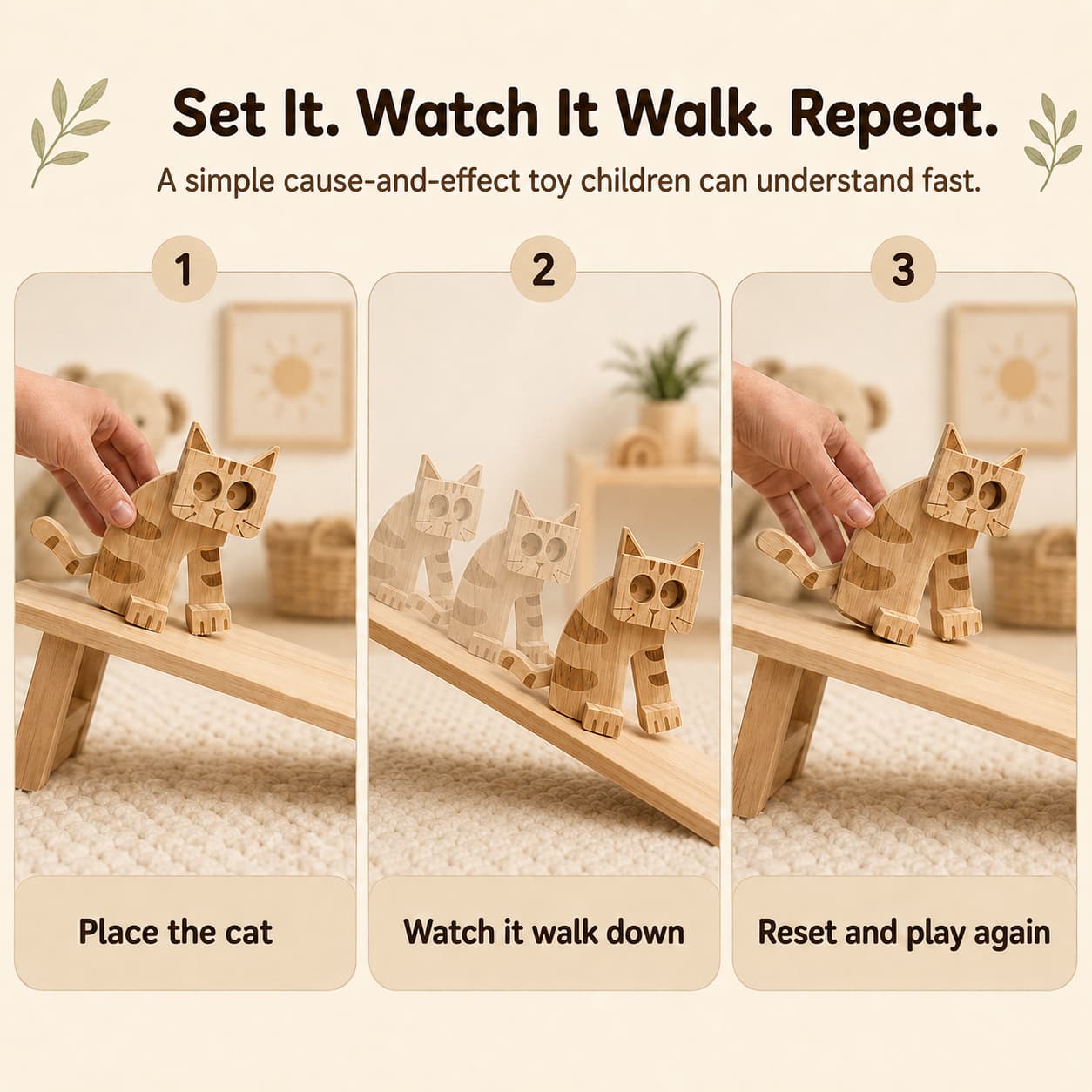 Wooden cat ramp walker toy play steps showing how toddlers place it on the ramp, watch it walk down, and reset for screen-free cause-and-effect play.