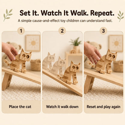 Wooden cat ramp walker toy play steps showing how toddlers place it on the ramp, watch it walk down, and reset for screen-free cause-and-effect play.