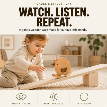 Toddler watching a wooden chicken ramp walker move down a ramp during cause-and-effect play