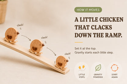 Three-step sequence showing how a wooden chicken ramp walker moves down a ramp using gravity