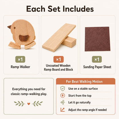 An infographic showing what is included in a classic wooden ramp walker set, featuring a wooden ramp walker toy, an uncoated wooden ramp board and block, and a sanding paper sheet, with instructions on how to use it.