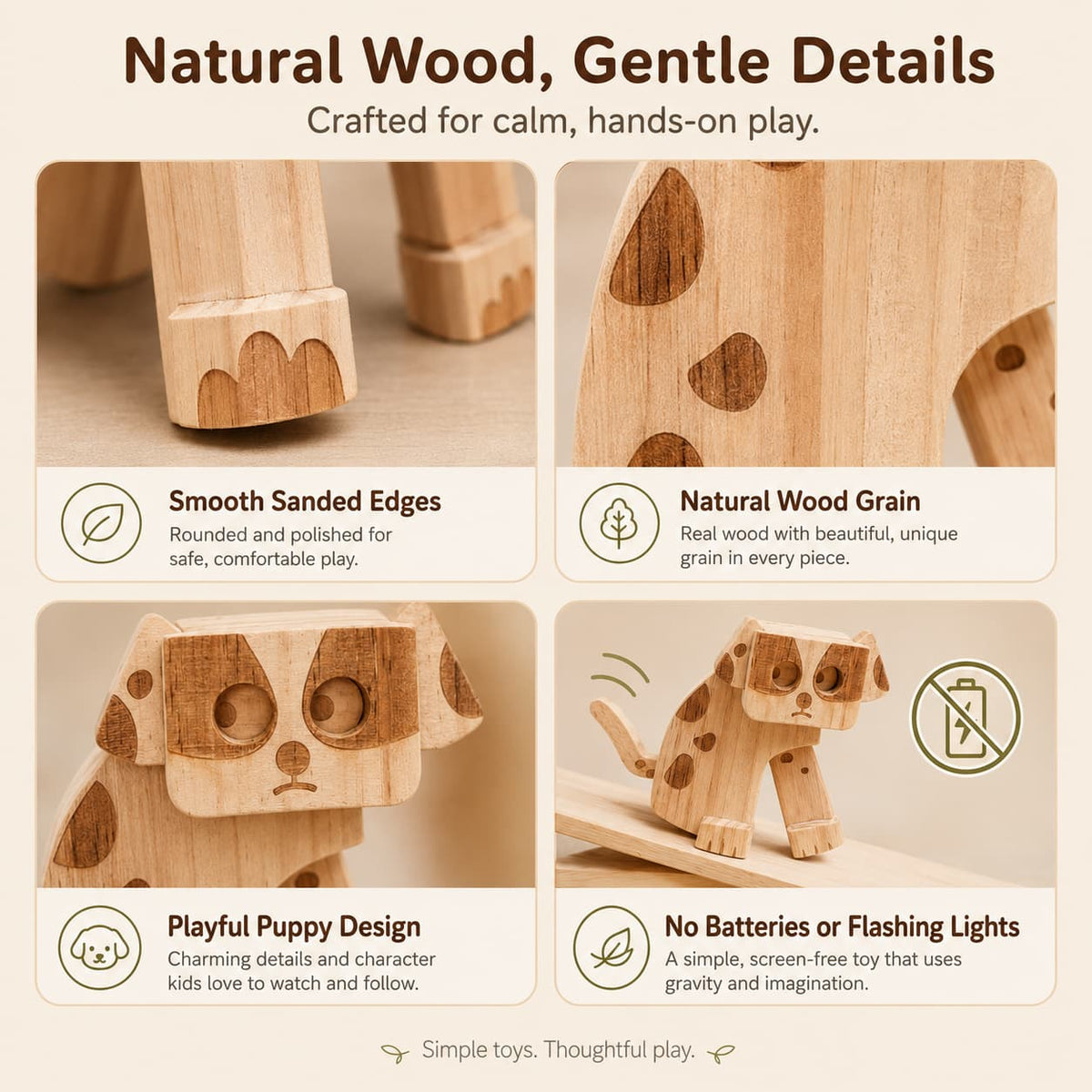 Four detailed macro panels of a wooden dog ramp walker toy showing smooth sanded edges, natural wood grain pattern, and a charming playful puppy design.