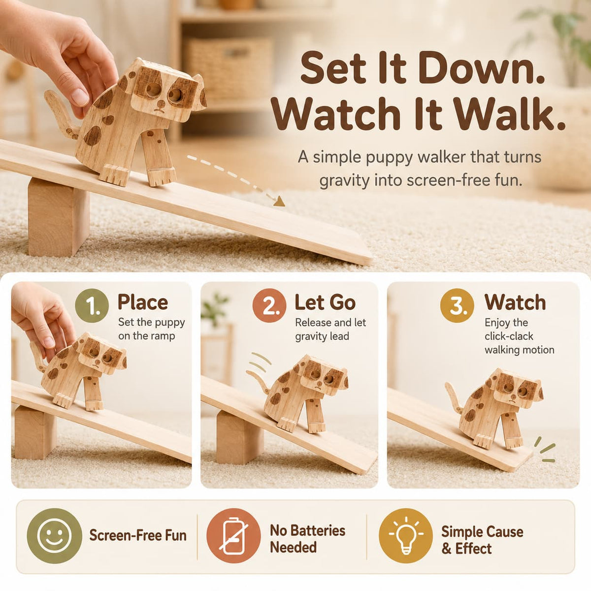 A three-step infographic demonstrating how to place, let go, and watch a wooden dog ramp walker toy enjoy its mechanical click-clack walking motion using gravity.