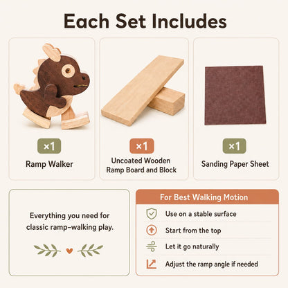 An infographic titled 'Each Set Includes' showing the contents of a wooden toy set: a brown rocking deer ramp walker, an uncoated wooden ramp board and block, and a brown sanding paper sheet. It also includes usage tips on a warm beige background.