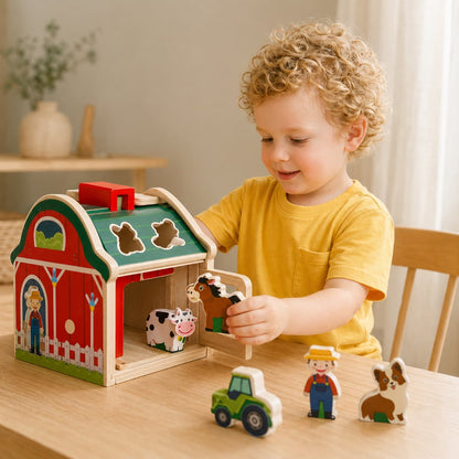 An infographic of a Montessori red wooden farm barn shape sorter toy, featuring 10 wooden farm animal figures and a tractor, designed for toddler fine motor skills development, early learning, and educational play.