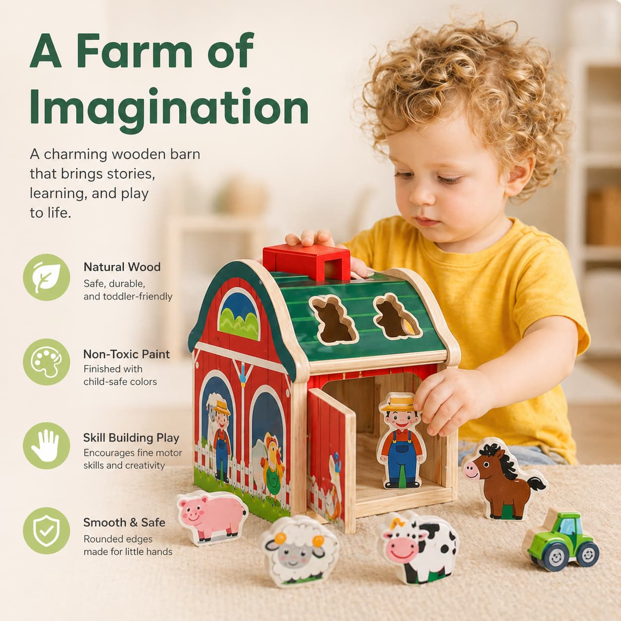 A toddler boy playing with a red Montessori wooden farm barn shape sorter, using wooden animal figures to develop fine motor skills and hand-eye coordination during imaginative play.