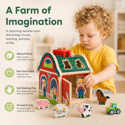 A toddler boy playing with a red Montessori wooden farm barn shape sorter, using wooden animal figures to develop fine motor skills and hand-eye coordination during imaginative play.