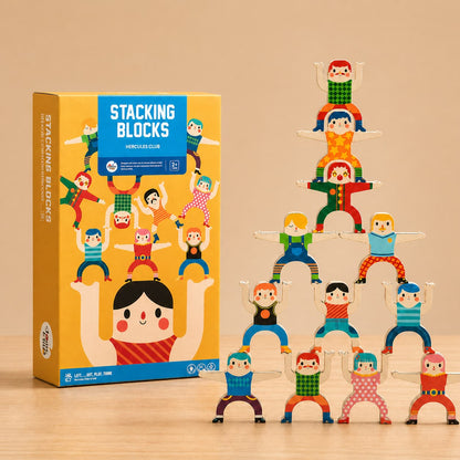 Hercules Club wooden stacking blocks and balancing toy for kids, featuring colorful acrobatic figures to improve fine motor skills and hand-eye coordination through Montessori-inspired play.