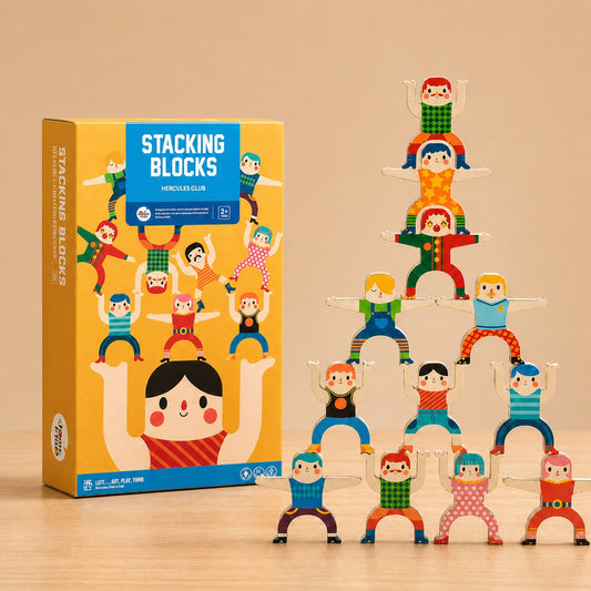Hercules Club wooden stacking blocks and balancing toy for kids, featuring colorful acrobatic figures to improve fine motor skills and hand-eye coordination through Montessori-inspired play.