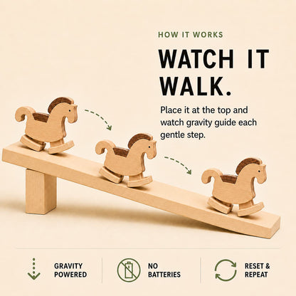 Wooden horse ramp walker toy shown in three positions as gravity moves it down a wooden ramp.