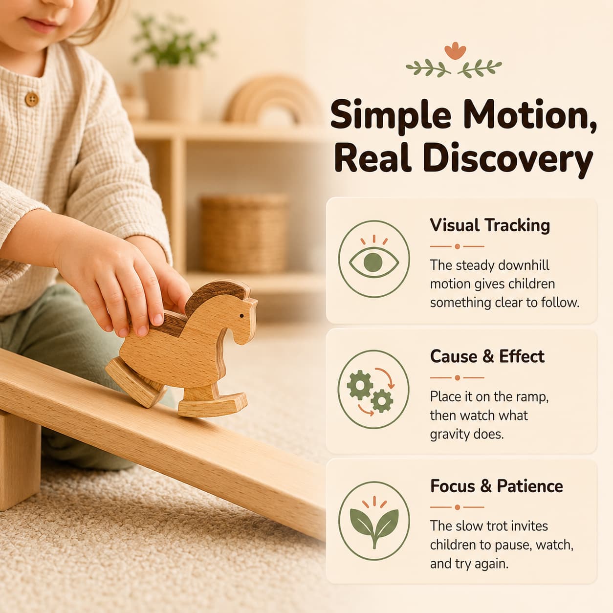 Toddler placing a wooden horse ramp walker toy on a sloped ramp, showing visual tracking, cause and effect, and focused screen-free play.