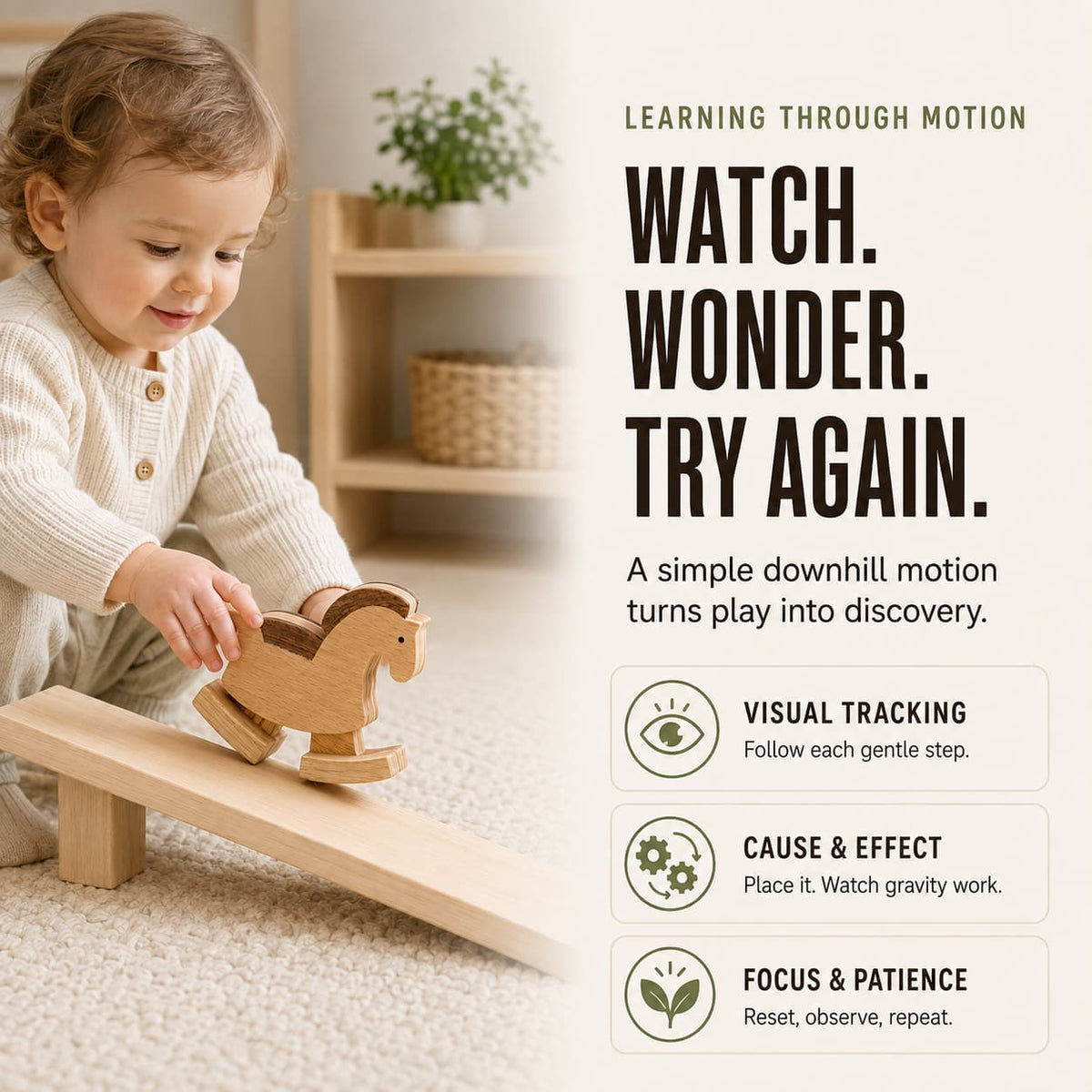 Toddler guiding a wooden horse ramp walker toy for visual tracking, cause-and-effect learning, and focused play.