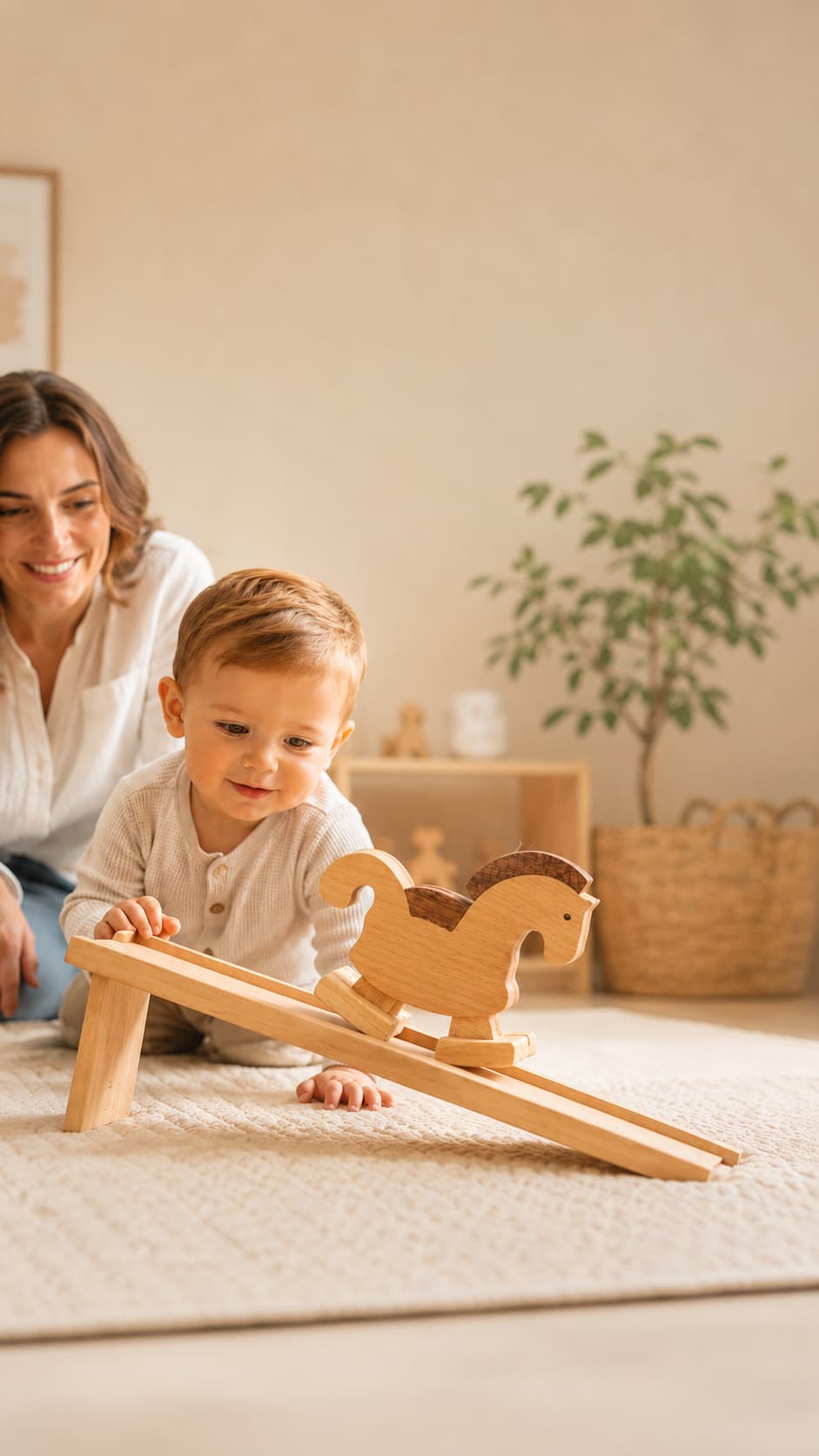 Mobile hero image of a toddler playing with a gravity-powered wooden horse ramp walker on a soft nursery rug.