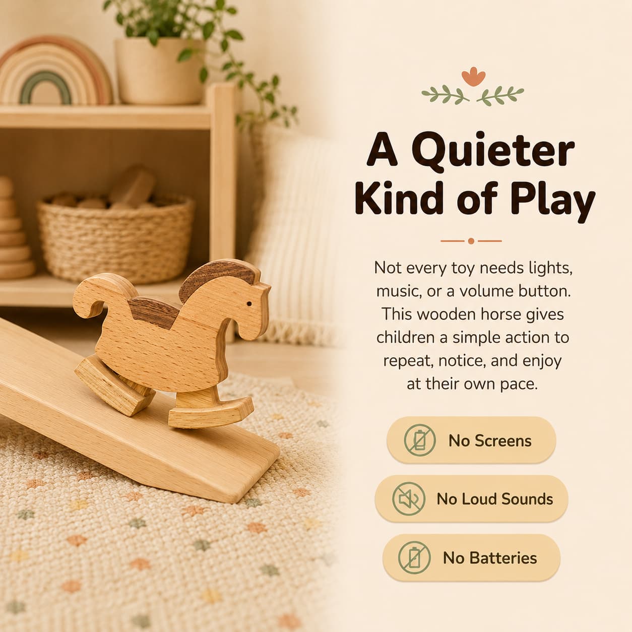 Wooden horse ramp walker toy on a sloped ramp, showing quiet screen-free play with no loud sounds, no screens, and no batteries.