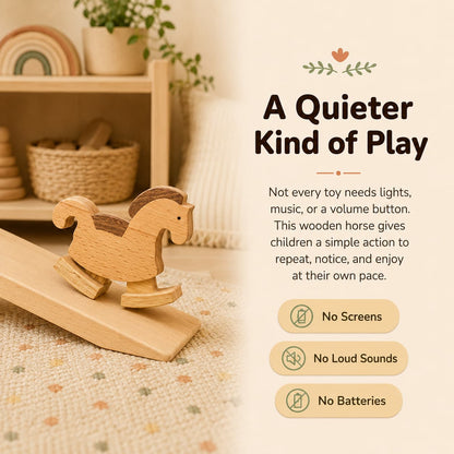 Wooden horse ramp walker toy on a sloped ramp, showing quiet screen-free play with no loud sounds, no screens, and no batteries.