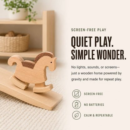 Wooden horse ramp walker on a wooden slope for quiet, screen-free play without batteries.