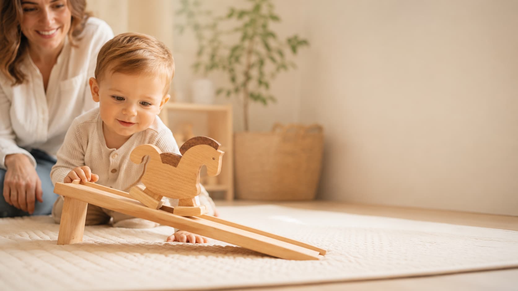 Toddler watching a wooden horse ramp walker toy move down a ramp during screen-free Montessori-inspired play at home.