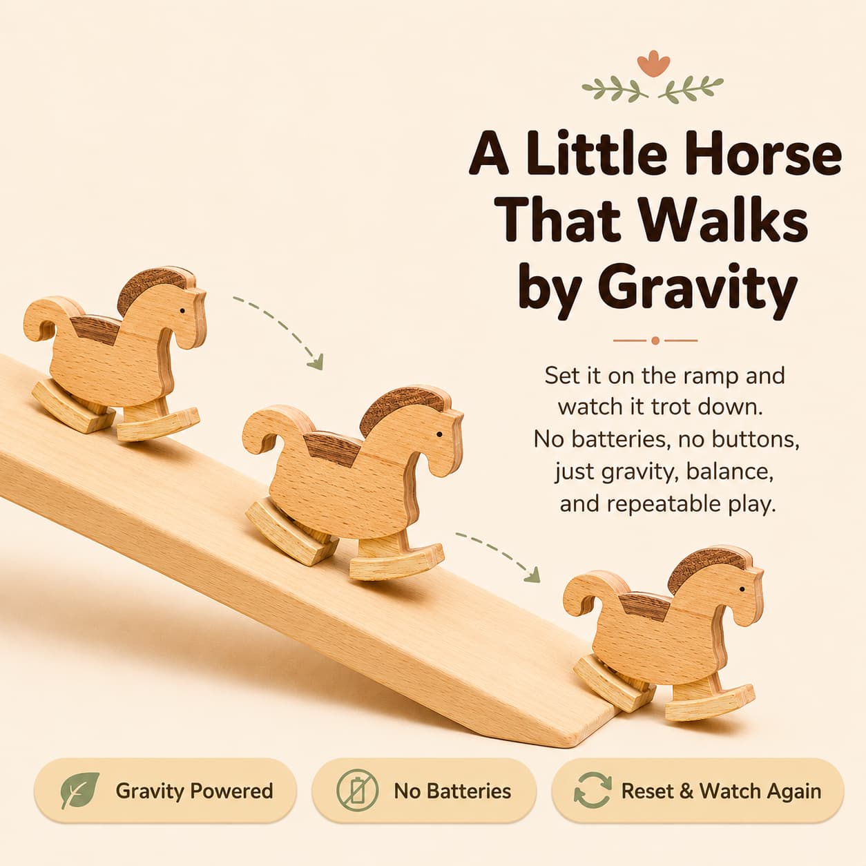 Wooden horse ramp walker toy trotting down a sloped ramp with gravity-powered motion, no batteries, and repeatable screen-free toddler play.