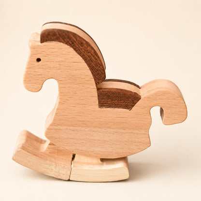 Wooden ramp walker toy shaped like a horse with articulated walking feet and dark wood details