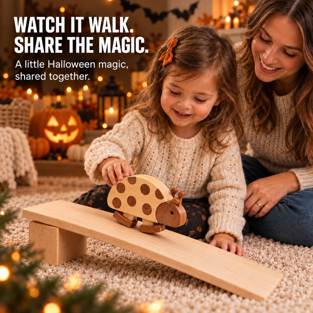 A wooden ladybug ramp walking toy slides on a small wooden ramp while a young child and an adult sit on a carpeted floor in a cozy, warmly lit Halloween-themed room. Text on the top left reads, 'WATCH IT WALK.