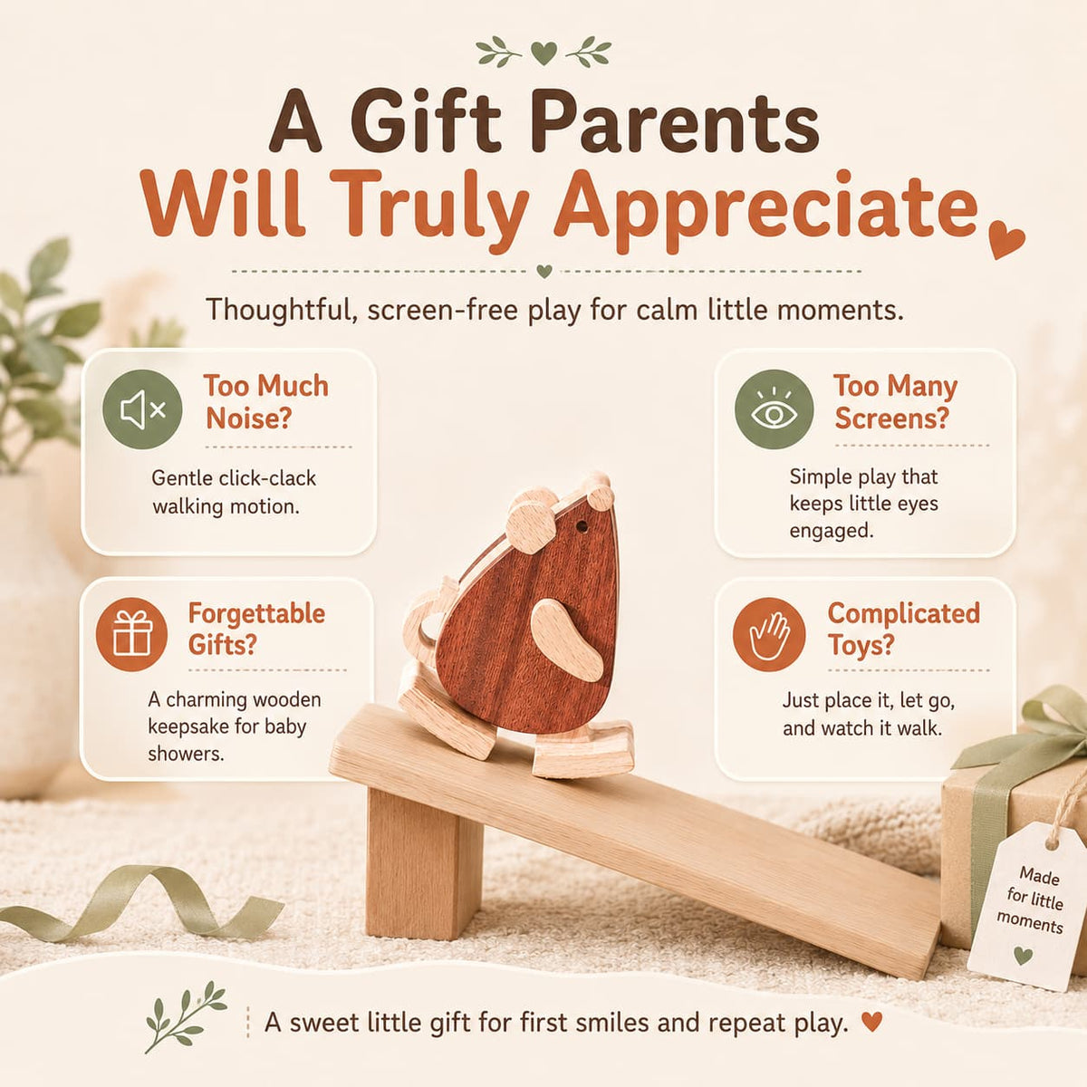 A wooden mouse ramp walker toy set next to a gift box, highlighted as a quiet, screen-free, and timeless keepsake gift for baby showers.