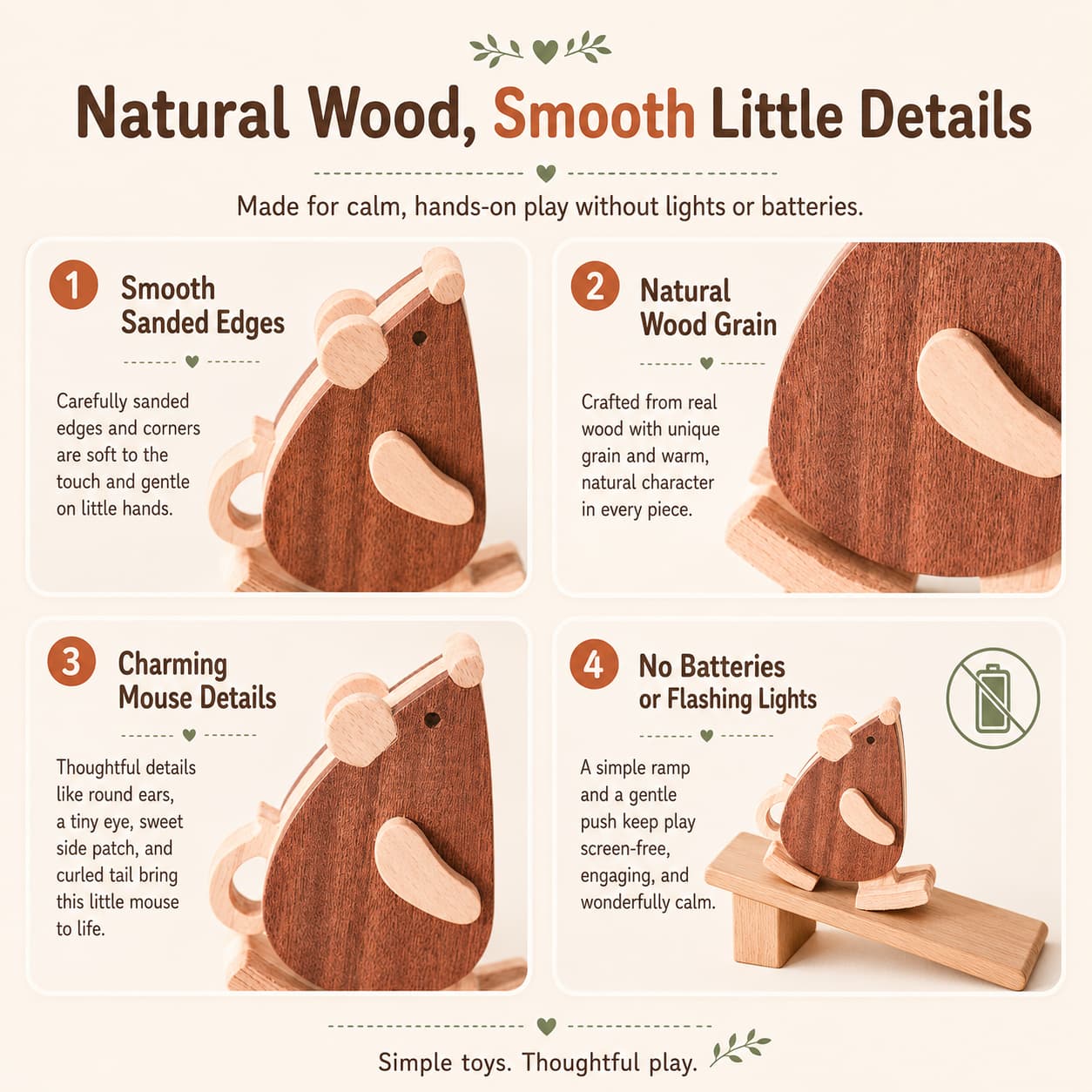 Close-up details of a handmade wooden mouse ramp walker toy showing the smooth sanded edges, natural wood grain patterns, and non-toxic finish.