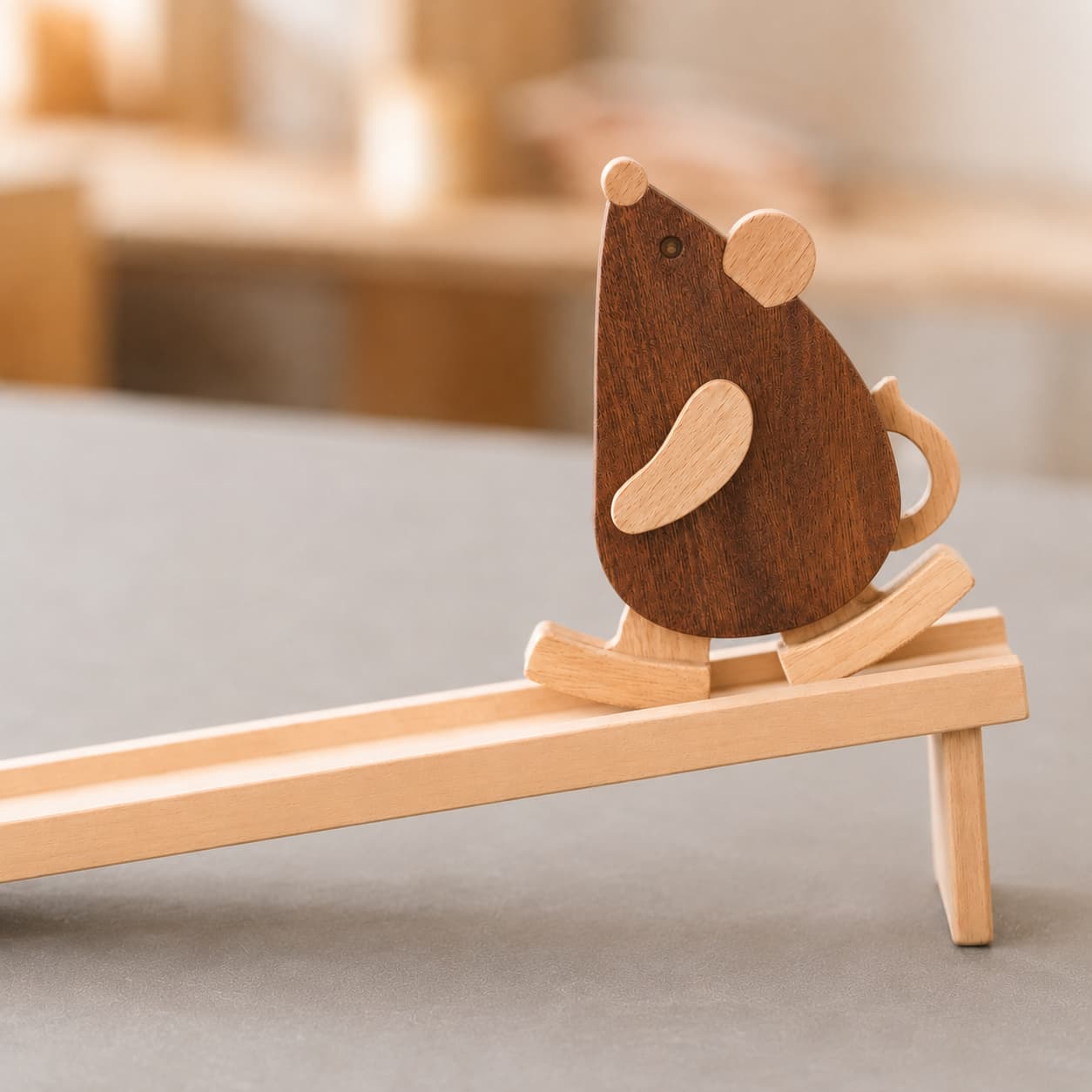 A wooden mouse ramp walker toy made of walnut and beechwood, walking down an inclined wooden track as a mechanical gravity toy.