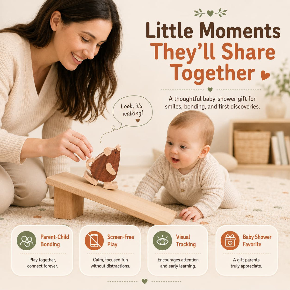A mother and baby playing together with a wooden mouse ramp walker toy, practicing visual tracking and fine motor skills in a Montessori home environment.