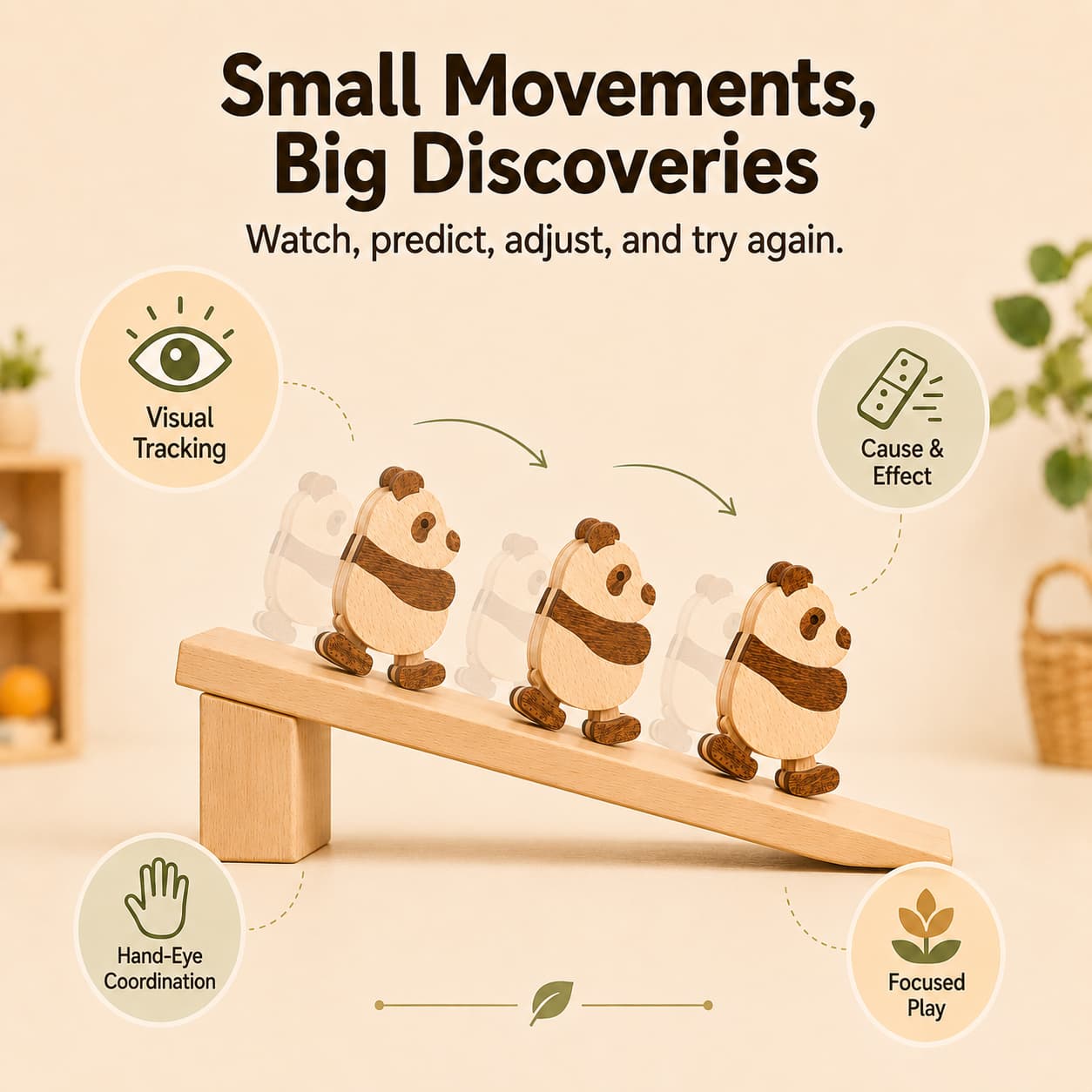 Wooden panda ramp walker toy moving down a ramp, showing visual tracking, cause and effect, hand-eye coordination, and focused screen-free play.
