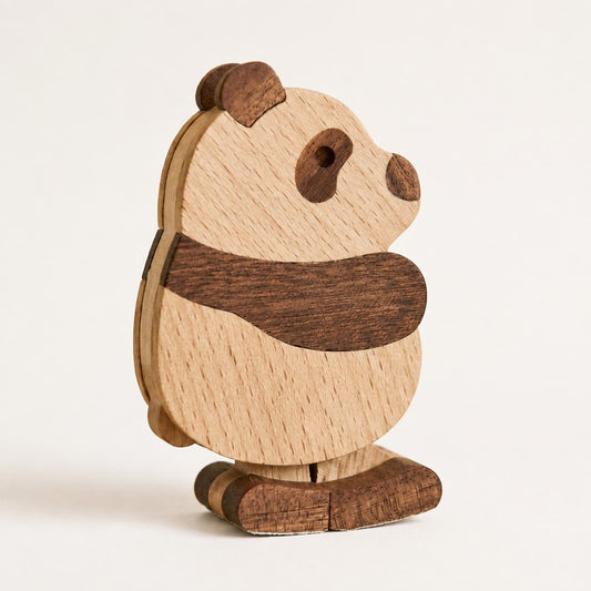A wooden panda ramp walker toy made from natural wood, shown standing against a plain off-white background.