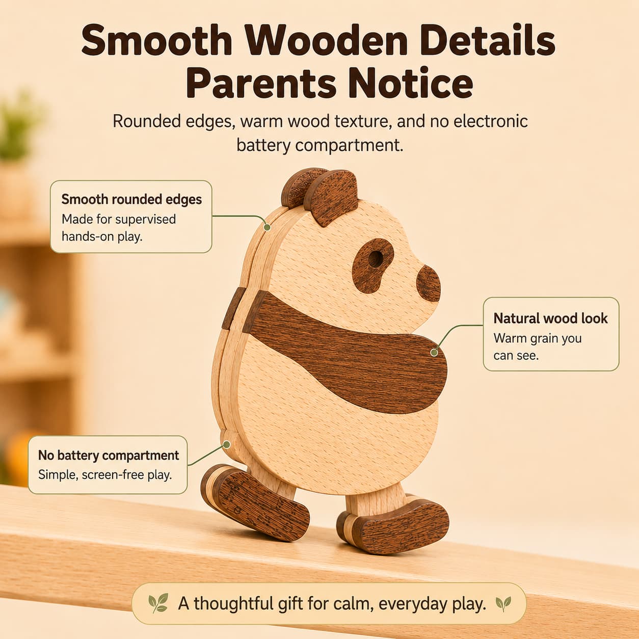 Wooden panda ramp walker toy with smooth rounded edges, natural wood grain, and no battery compartment for screen-free toddler play.