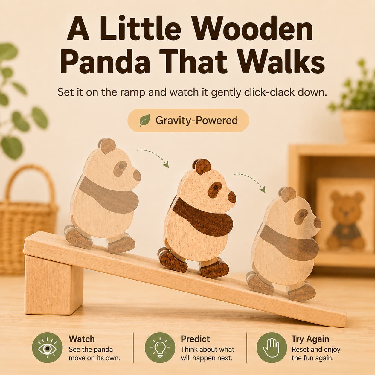 Wooden panda ramp walker toy moving down a sloped ramp, showing gravity-powered screen-free play with watch, predict, and try again steps.