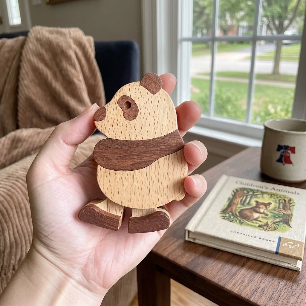 Person holding a handcrafted wooden panda ramp walker toy indoors, with a coffee mug, children's animal book, and window in the background.