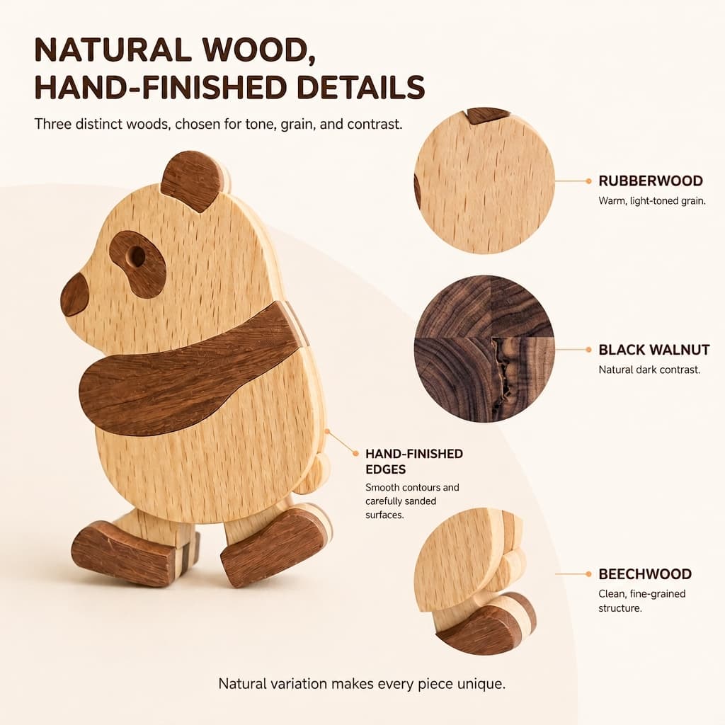 Handcrafted wooden panda ramp walker toy showing natural material details, made from rubberwood, black walnut, and beechwood with smooth sanded edges