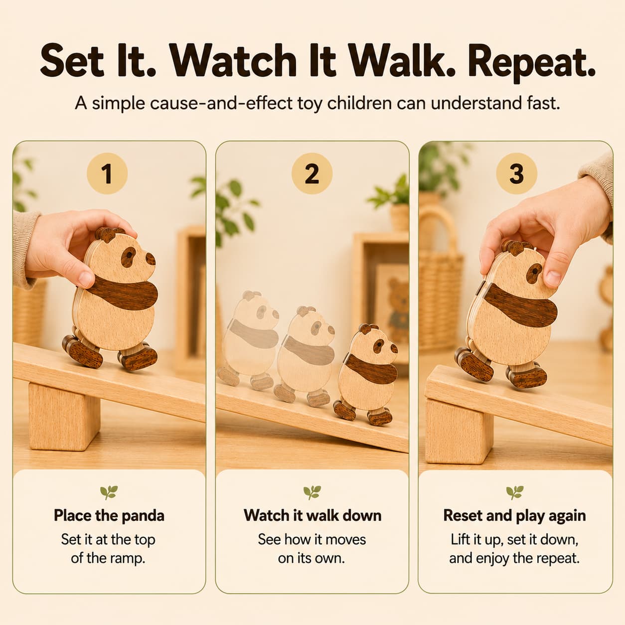 Wooden panda ramp walker toy play steps showing how toddlers place it on the ramp, watch it walk down, and reset for screen-free cause-and-effect play.