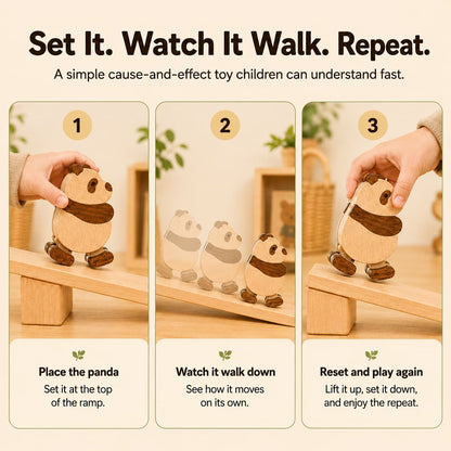 Wooden panda ramp walker toy play steps showing how toddlers place it on the ramp, watch it walk down, and reset for screen-free cause-and-effect play.