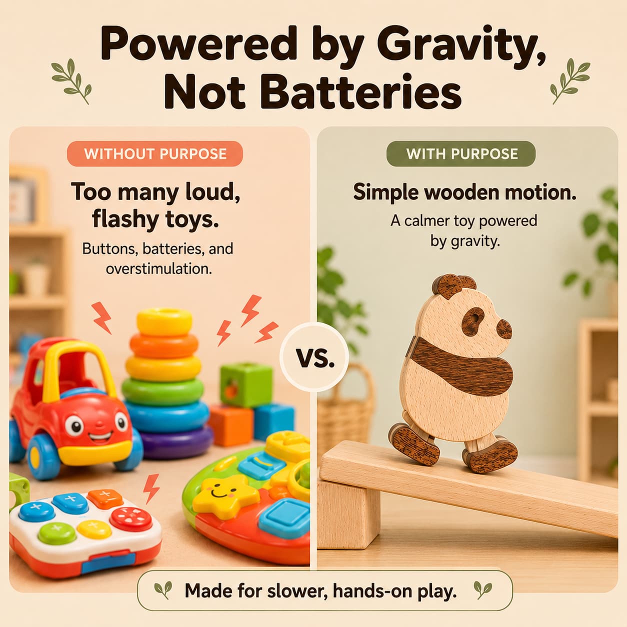 Comparison of loud battery-powered plastic toys and a wooden panda ramp walker toy powered by gravity for calm screen-free toddler play.
