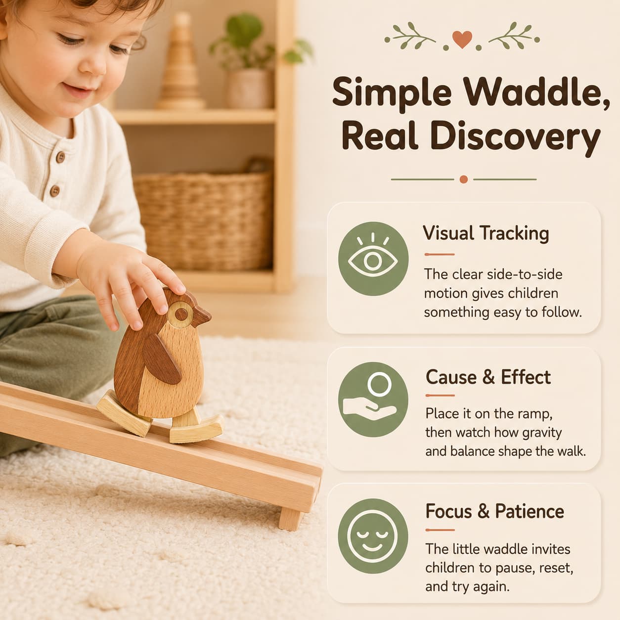 Toddler placing a wooden penguin ramp walker toy on a sloped ramp, showing visual tracking, cause and effect, and focused screen-free play.