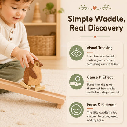 Toddler placing a wooden penguin ramp walker toy on a sloped ramp, showing visual tracking, cause and effect, and focused screen-free play.