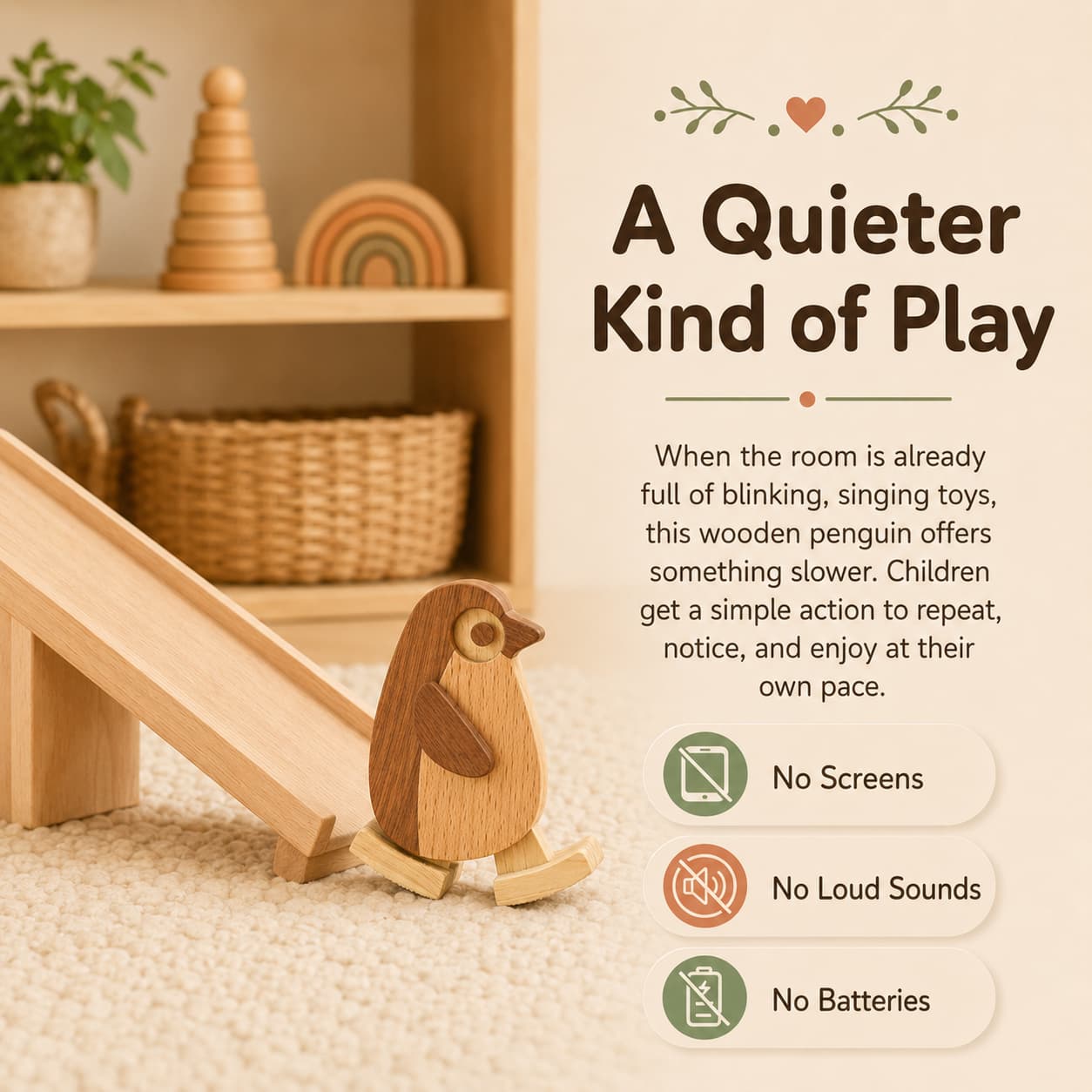 Wooden penguin ramp walker toy designed for gravity-powered screen-free toddler play without batteries, lights, or loud sounds.