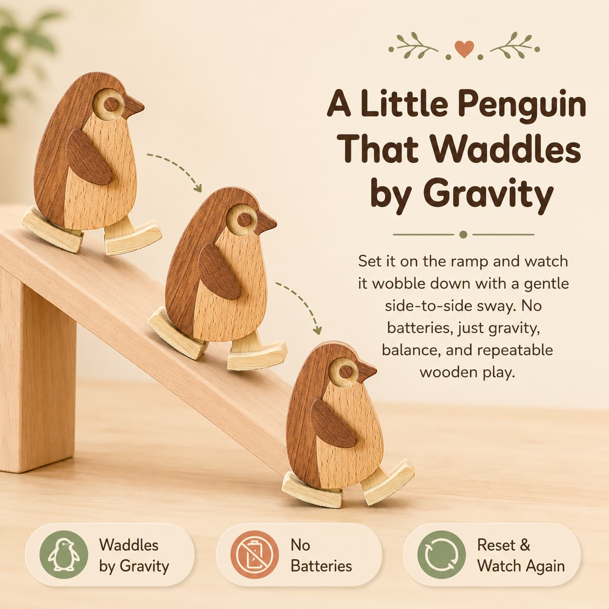 Wooden penguin ramp walker toy waddling down a sloped ramp with gravity-powered motion, no batteries, and repeatable screen-free toddler play.