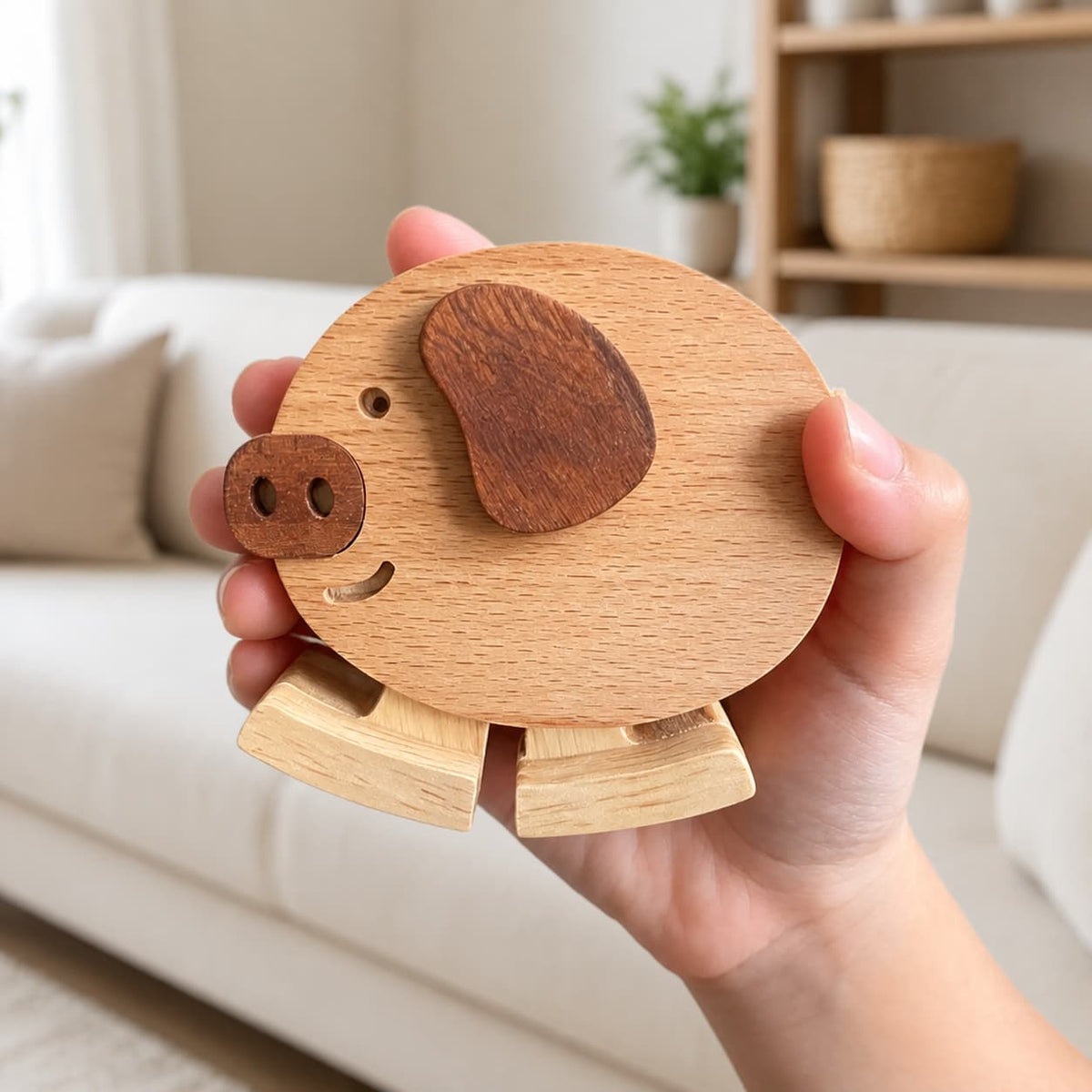 Hand holding a handmade wooden pig ramp walker toy, showing its natural wood grain and curved walking feet.