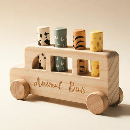 wooden animal bus toy size comparison, seven inches long and three inches tall