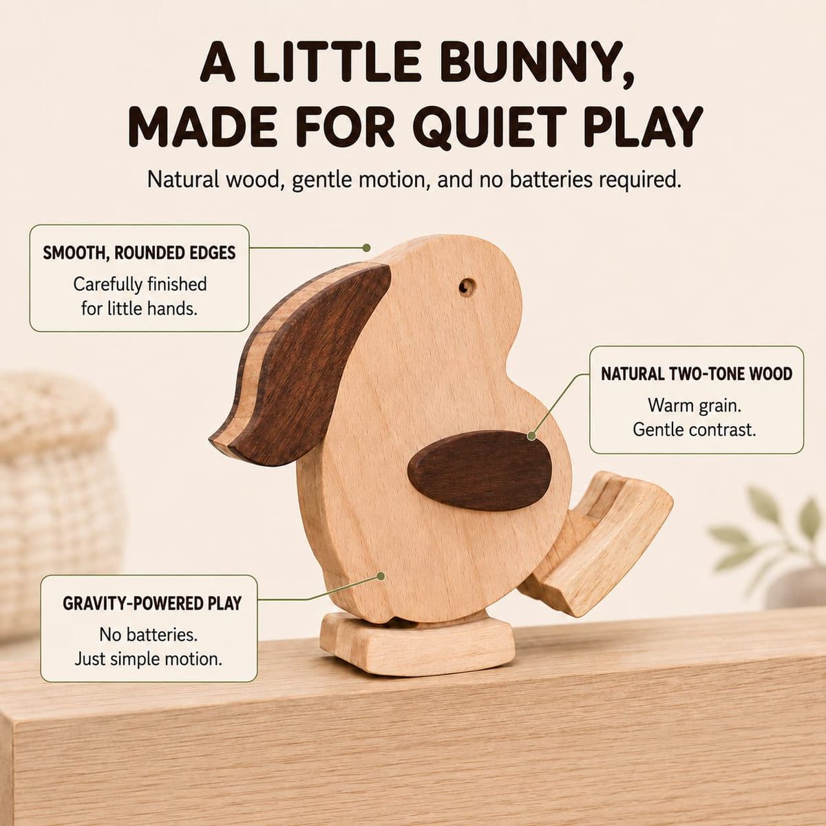 A wooden rabbit ramp walker hopping down a ramp, demonstrating visual tracking and cause-and-effect play for toddlers.