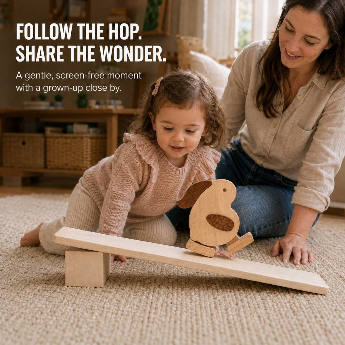 Toddler watching a wooden rabbit ramp walker move down a ramp with an adult nearby.