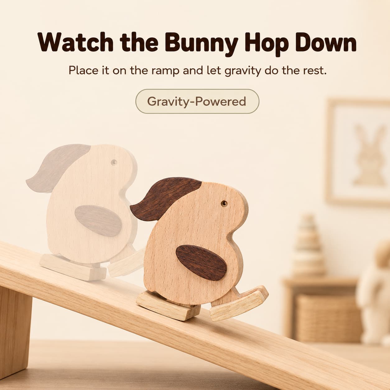 Wooden rabbit ramp walker toy hopping down a sloped ramp with gravity-powered motion for screen-free toddler play.