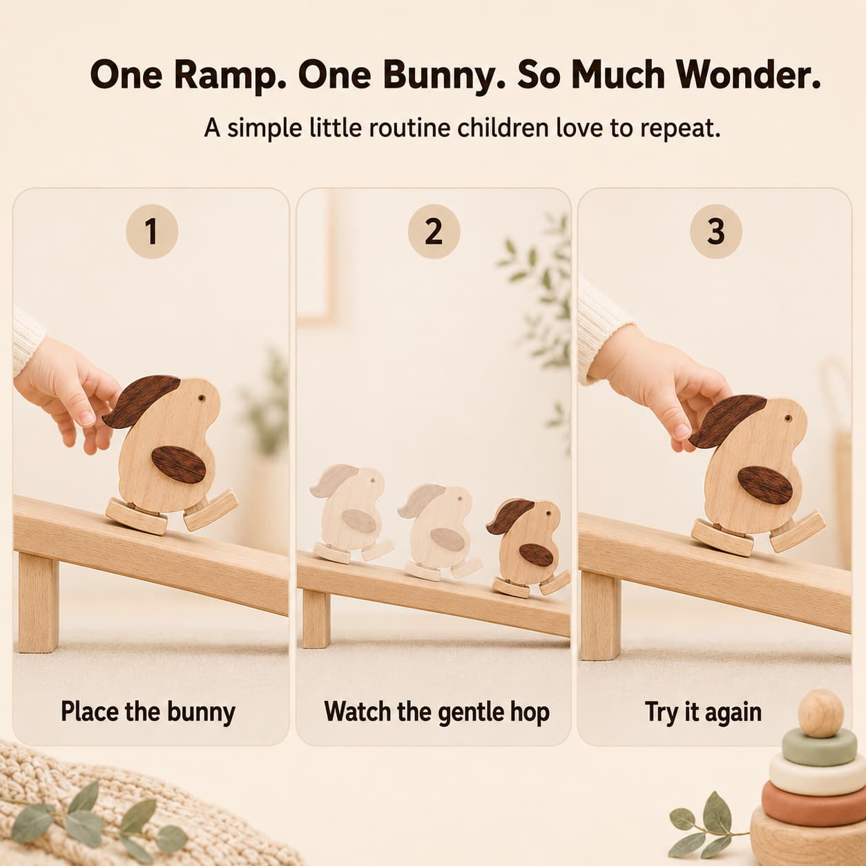 Wooden rabbit ramp walker toy play steps showing how toddlers place the bunny on the ramp, watch it hop down, and try again through screen-free cause-and-effect play.