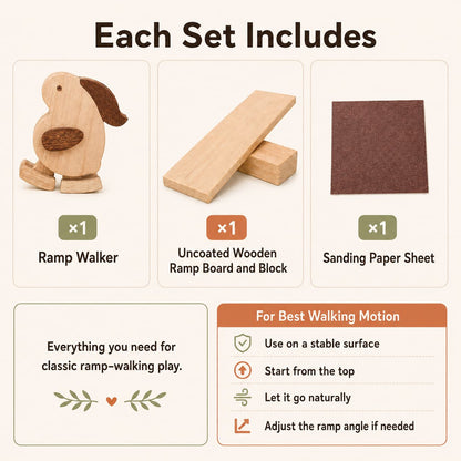An infographic detailing the contents of a wooden ramp walker set, featuring a natural wood dog-shaped ramp walker, an uncoated wooden ramp board and block, and a brown sanding paper sheet, with instructions on how to use it.