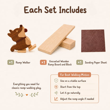 An infographic detailing the contents of a wooden ramp walker set, featuring a brown wooden ramp walker, an uncoated wooden ramp board and block, and a brown sanding paper sheet, with instructions on how to use the product.