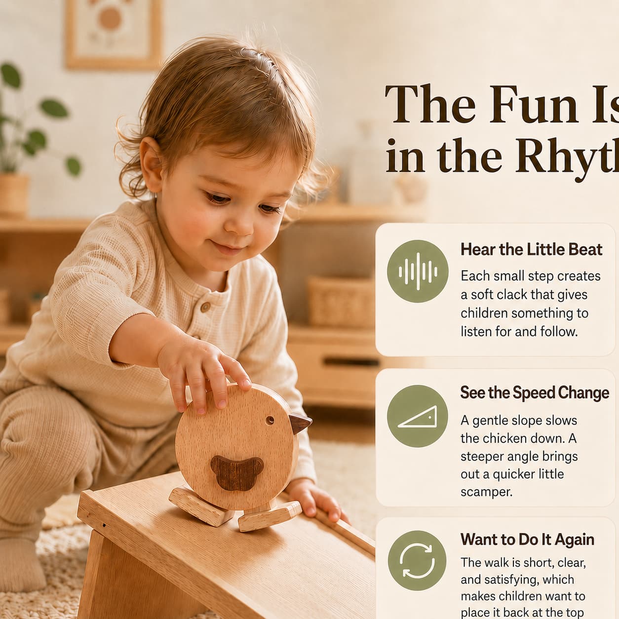 Toddler playing with a wooden walking chicken toy on a ramp, showcasing product features like rhythmic sound, speed change on slopes, and repetitive play design.